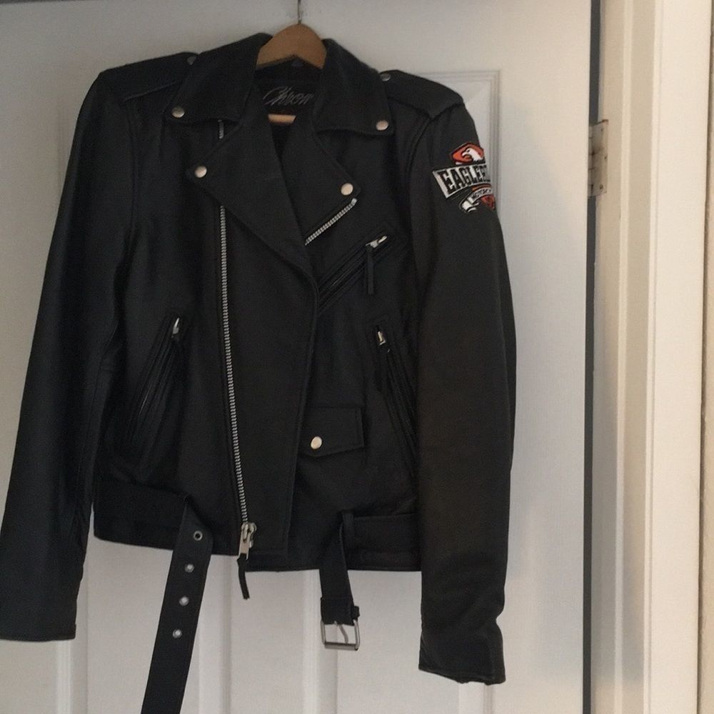 Black Leather Moto Jacket with Patch